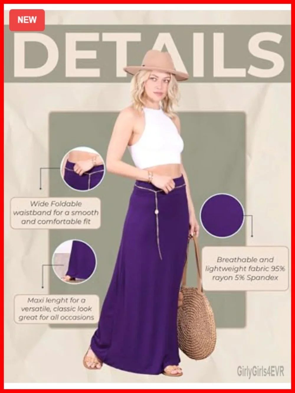 Womens Long Maxi Skirt Flowy A-Line High Rise Stretch Made in USA